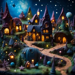 Detailed creepy cozy landscape made of modeling clay, fairytale village, people, stars and planets, naïve, Tim Burton, strong texture, extreme detail, Max Ernst, decal, rich moody colors, sparkles, bokeh