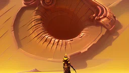 a yellow car parked in front of dune giant sandworm, concept art