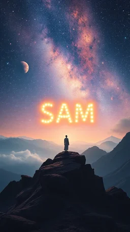 Prompt: "A serene, cosmic landscape with a floating figure contemplating a large, glowing word “ SAM “in the sky, The cosmic backdrop hints at the vastness of the mind and the universe."