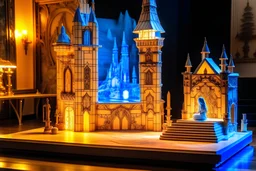 A small neon castle with cinderella cleaning the fireplae