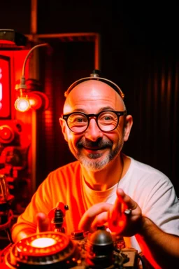 Portrait of a man with a radio helmet on his head. Wearing glasses. A small beard of pepper and salt. He is bald. White. He is a metal fan and smiles. Flames surround him. In the background, a robot gives him a finger.