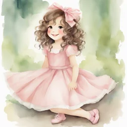 watercolor, full body, cute smile girl, curly hair, big eyes, long brown hair, pink dress, pink shoes, white backgrownd