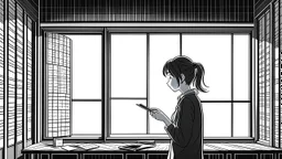 monochromatic japanese classroom with a shadowy figure looking out the window holding a transparent key emanating glow that colors the surroundings, anime