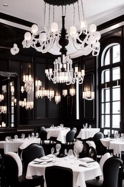 "Shoot a Neo-classic style restaurant with black, white, and residential-colored tables and chairs, along with chandeliers for lighting."