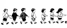 illustrated children walking in a line, in the style of original winnie-the-pooh, on white