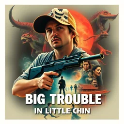 Potamovie poster, fantastical poster for "Big Trouble in Little China", modern double exposure movie poster composition reminiscent of Drew Stuzan's work, text "BIG TROUBLE IN LITTLE CHINA", featuring Jack Burton in a trucker hat holding an uzi surrounded by Chinese phantasms, Lo Pan's evil mystical labyrinth, high res stock photography, chinese woman with green eyes in a trance, phantasmagoric, action adventure