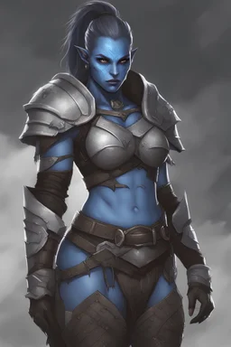 a young female blue skinned orc, blue eyes, muscular, digital art, in heavy armor, white hair
