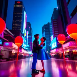 photo of a couple in an alternate universe in seoul; romantic; realistic; rain; neon signs, red balloons