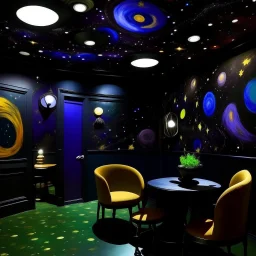A purplish black space with ESP stars painted by Paul Gauguin