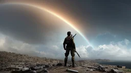 PEACE IN GAZA.Rainbow symbol of peace up on the sky,Photo-realistic scene ,desolate, standing on a jagged cliff, overlooking turbulent, inky black ,A storm brews in the distance, with dark, ominous clouds gathering, powerful beam pierces the darkness, and within its light, ethereal shadows of shipwrecked souls can be seen, their translucent forms forever searching for a way home.