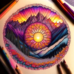 Mandala drawing with colored pencils of a sunset in the mountains.