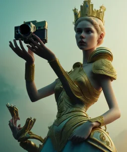 Statue of Queen of photography holding camera in hands. Cute blonde woman. Photographer in golden crown. Standing on the street. Big camera in her hand. hyperdetailed, photorealistic, trending on artstation, greg rutkowski, beksinski, kodachrome, volumetric lighting, gold and cyan