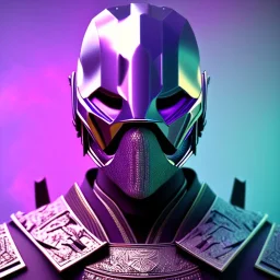 samurai purple masked villain in galaxy, teal and purple smoke, detailed, realistic, 4k