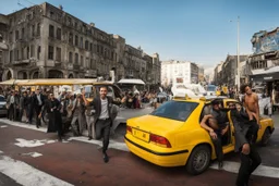 men models in a street in with a taxi