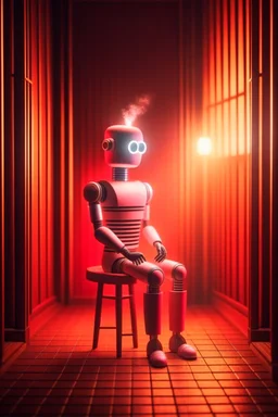 cute chat robot sitting on throne in the sauna, its such a perfect day i am glad i spent it with you, motion blur, smoke, 4k, downlight, soft light, depth of field, photorealism, trending on art station