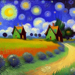 Dibujo al oleo de una pradera con una casa y unos conejos con muchas nubes de colores estilo Vincent van Gogh