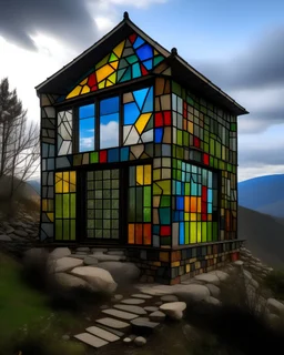 small stained glass house on a mountain by Tom Fruin, raw photo, uhd, dslr, natural lighting, natural color, intricate, fine texture