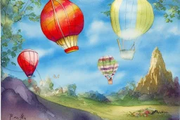 whimsical postcard with watercolor of a hot air balloon, children's book illustration, peter rabbit