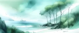 concept art stormy coast with lime green trees, lineart, watercolour light soft monochromatic blue transparent