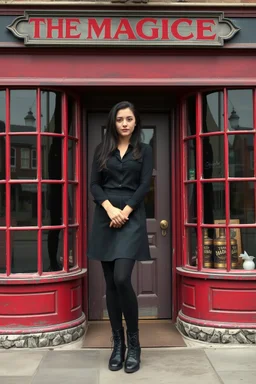Photorealistic image of a young woman with dark hair, in a black skirt, leggings, boots and shirt, standing outside an old magic shop front with large red painted multi-paned picture windows on either side of a multi-paned doorway.