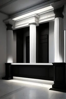 Museum reception desk with black walls, white floor, hidden or rich lighting with columns at the back