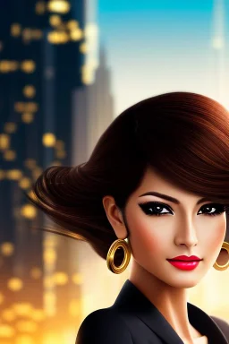 Young business woman, dark orange eyes, dark brown hair, elegant hair, thin lips, gold hoop earrings, waist up portrait, 8k resolution, intricate details, ornate details, soft lighting, vibrant colors, retroanime, masterpiece, realistic, intricate eyeliner, dark eyeshadow, eyes,futuristic cityscape background