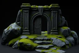 ancient gate, 3d model, moss, rocks, dark fantasy