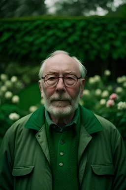 Un retrato de un anciano con un sobretodo verde y lentes de marco grueso en un jardín de rosas