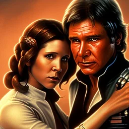 middle-aged carrie fisher embracing harrison ford in star wars, waist up portrait, photorealistic faces, intricate, masterpiece, expert, insanely detailed, 4k resolution, cinematic smooth, intricate detail , soft smooth lighting, soft pastel colors,