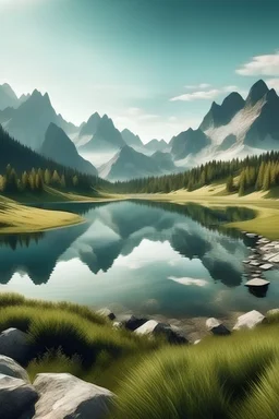 una foto de un paisaje real con montañas y lagos