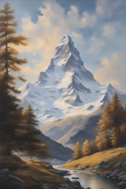 "matterhorn" as painting form swiss side in the light morning sun with the clouds