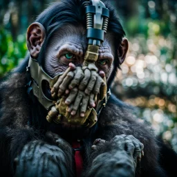 Cyborg, Ape, Primate, hominid, breathing device, respirator, solarpunk, Dystopian, Extreme depth of field, bokeh blur, Alberta, all-natural, in the style of candid, Fuji Film, Anamorphic lens