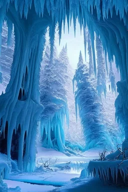 A frozen forest landscape with a giant caveroof over it