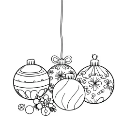 A black and white cute drawing of Christmas ornaments. Only outline, white background,for kids. The illustration should be in [SUPER SIMPLE], black and white, bold line art with a clear, mostly empty background. [INCLUDES ONLY OUTLINES WITH NO FILLED IN BLACK AREAS], ensuring no shading, no complex images, and making it very easy to color in between the lines.