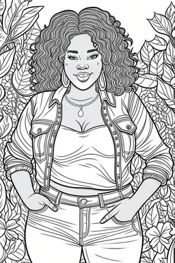 black curvy woman wearing jeans, eyes front camera coloring page floral background