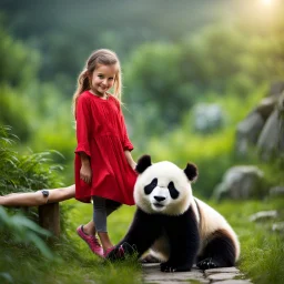 very beautiful realistic10 years old girl playing with a panda