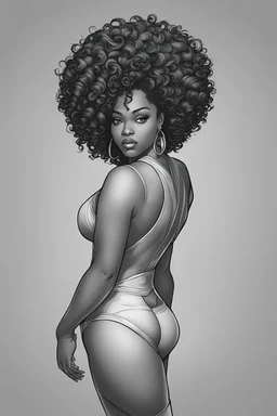 Create a coloring page of a beautiful curvy black female looking to the side with curly hair. No shading, No color, clean lines