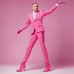 [art by Wes Anderson] John Cleese with massive muscles in a pink battlesuit pink gloves and pink high heel boots. The Ministry of Silly Walks.