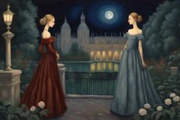 two elegant women at night in the garden of the palace of good and evil, by artist "Ingrid Umber", by artist "Sienna Lamberts"