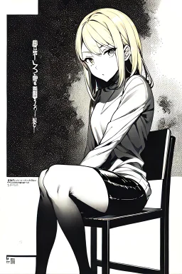 blonde girl converses sitting on a chair., grayscale, manga page