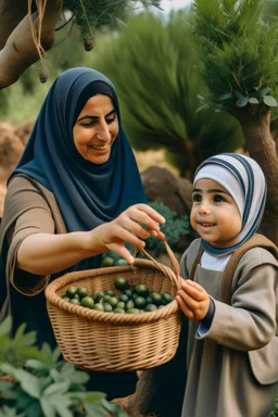 A mother wearing a hijab picks olives from the tree, and a son holds the basket sideways and is happy