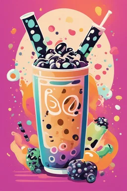 graphic design boba tea poster, vivid colors, retro vibes, lively and energetic, whimsical, effervescent, trendy, magical, crisp, clear