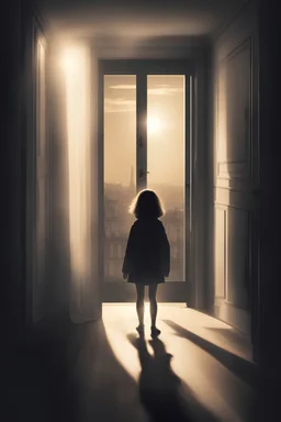 Movie poster, a girl overlooking paris from her room behind her is a door and shadow like figure watching her, light rays coming from the room and fading to darkness the title "just leave" on the floor