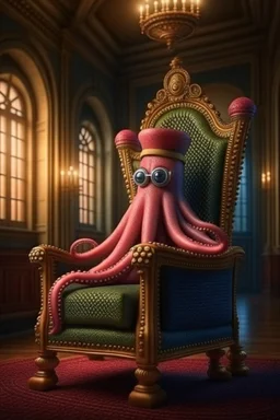 portrait of octopus chatbot with stylish wig smoking sigar on a throne in medieval castle, 4k, downlight, soft light, depth of field, photorealism