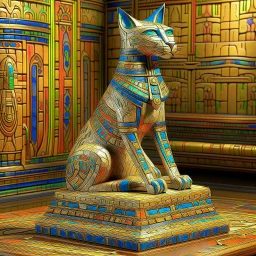 Cubism iridescent 3D-shaded Egyptian abstract art in Morris Hirshfield's richly textured style on weathered parchment. Engraved Egyptian glyphs. Highly detailed. (Bastet, the Egyptian cat goddess, sitting on a pedestal in a complex, detailed temple room, in front of beautifully decorated pillars adorned with Egyptian glyphs, and ankhs, on a noble, tiled floor. The cat wears tattoos, and her body is adorned with precious gold and lapis lazuli jewelry.) palm trees, more cats in soft focus backgrou