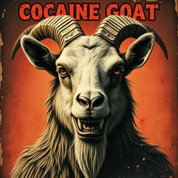 Gritty disintegrated photography, based on the Iconic 'Cocaine Bear'' poster but text "Cocaine Goat" with full body anthropomorphic sinister evil goat with frothing mouth, satirical,