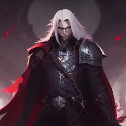 Vampire knight, young man, handsome, long white hair, black full plate armor, red cape