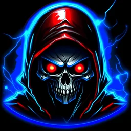 youtube profile picture, a skeleton gaming with a red theme with a hood make it cartoon take the red eyes