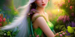 bright fairy, beautiful portrait, flowery landscape