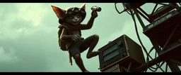 the coolest sassy bugbear gremlin explorer climbing a radio tower with crazy swag in the style of fallout 4